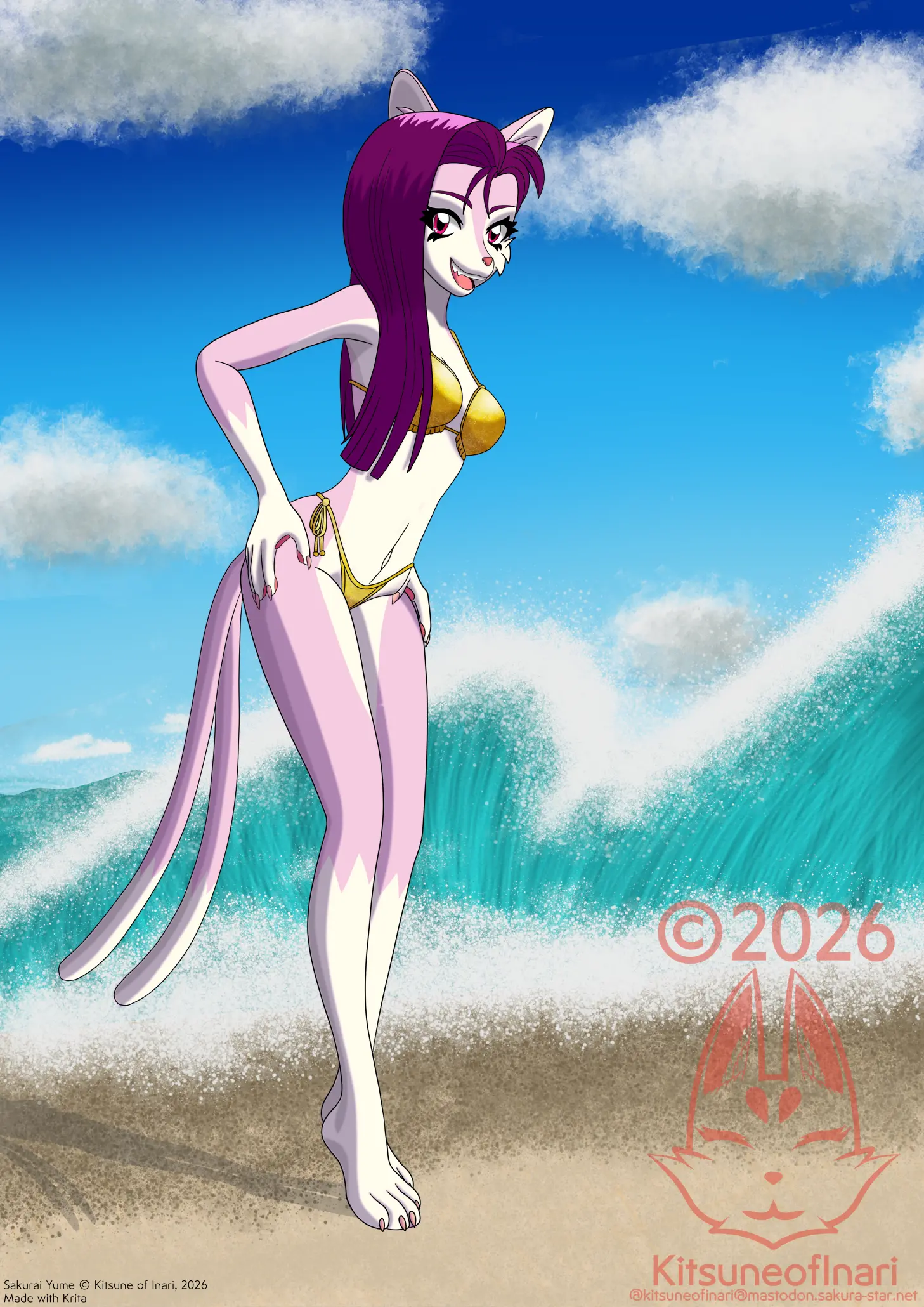 Picture of my own original Pink and Cream furry catgirl, Sakurai Yume, In a golden Bikini with her arms on her waists and leaning a little while standing on a beach with the ocean splashing waves behind her.